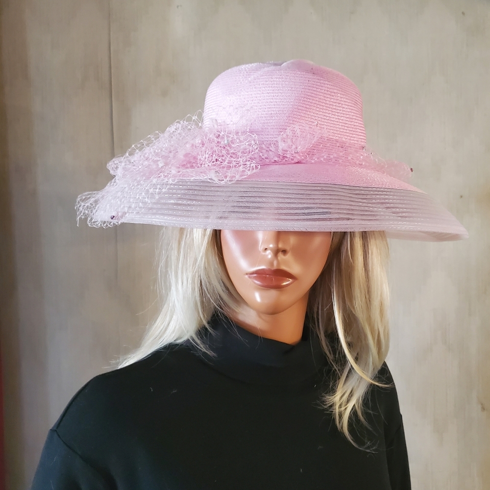 Pink Wide Brim Hat Veiling Peekaboo Brim Barbie Coquette Tea Party Wedding